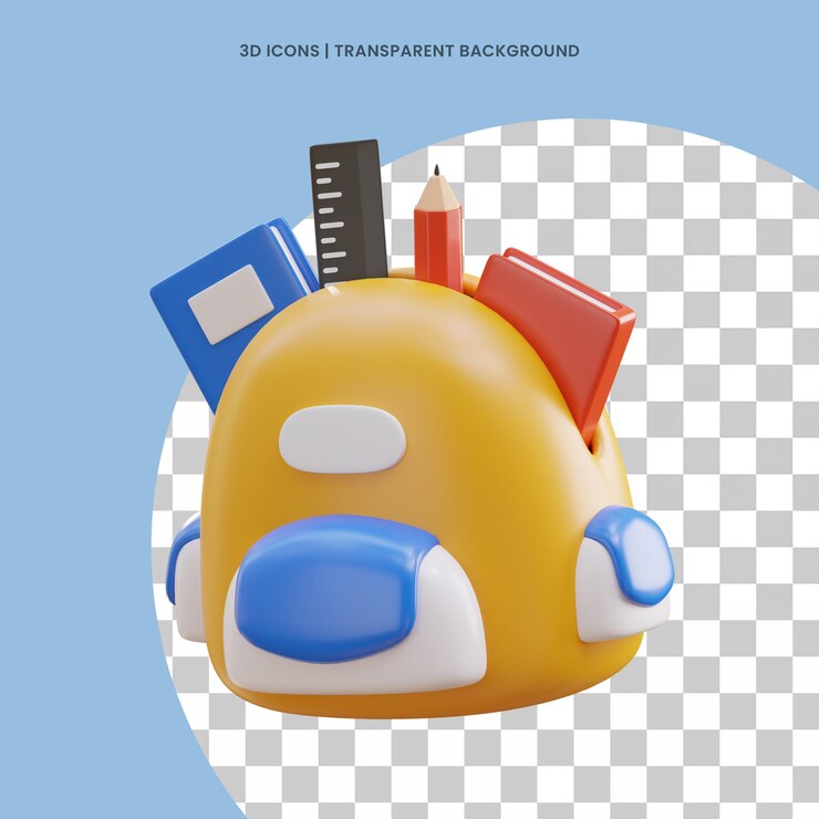 PSD mochila escola com livro e lápis ícone 3d