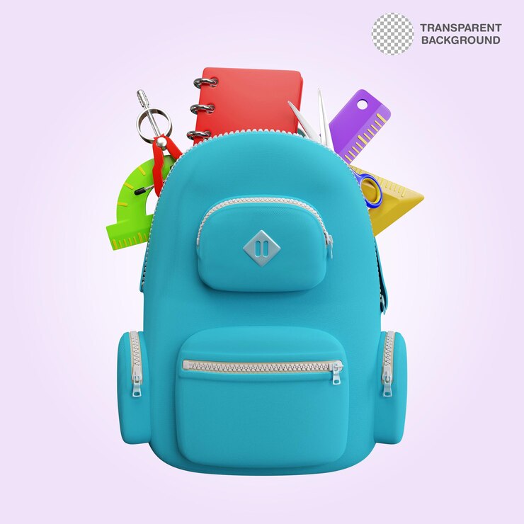 Mochila escolar abierta con suministros sobre fondo transparente
