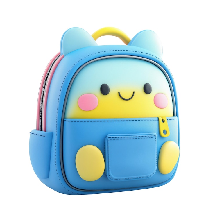 La mochila de la escuela Kawaii La mochilla de la escuela 3D de dibujos animados con cara graciosa La mochila azul sonriente aislada sobre un fondo transparente