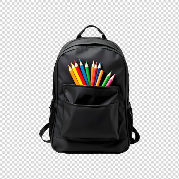 PSD una mochila con lápices en ella y una mochila negra
