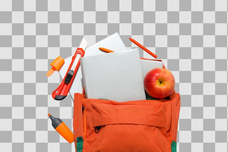 PSD mochila laranja brilhante cheia de livros e materiais escolares isolados em png branco