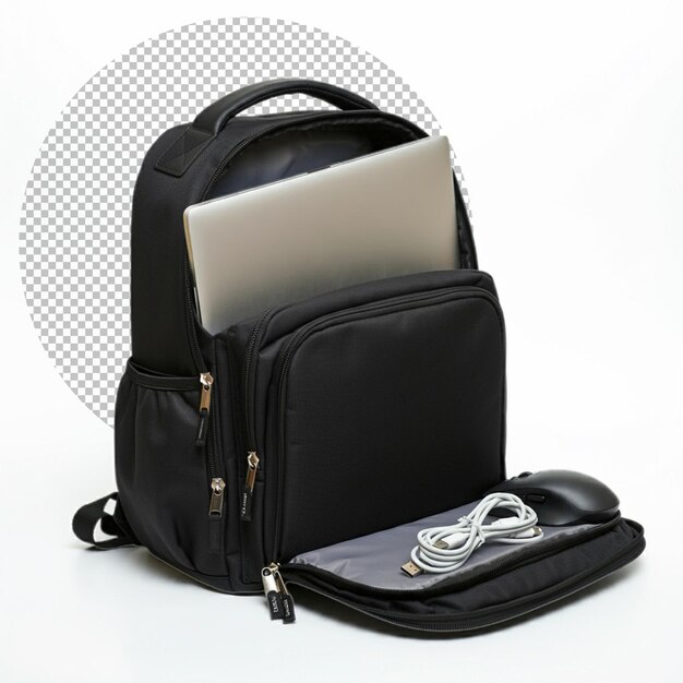 Una mochila negra con una computadora portátil blanca en un fondo aislado