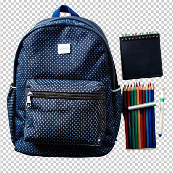 PSD mochila y papelería escolar aislados