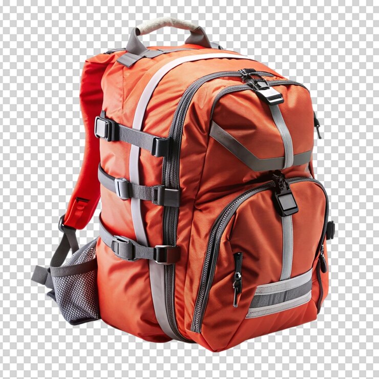 PSD una mochila roja con una espalda con cremallera se sienta en un fondo transparente