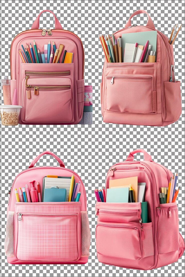 mochila rosa con suministros escolares organizados y listos hiperrealista aislado PNG con Transp claro