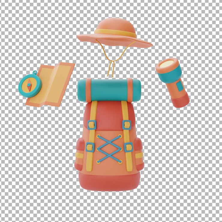 PSD mochila de viaje con equipo de campamentosombrero de senderismolinternamapa y brújulaconcepto de campamento de veranorepresentación 3d