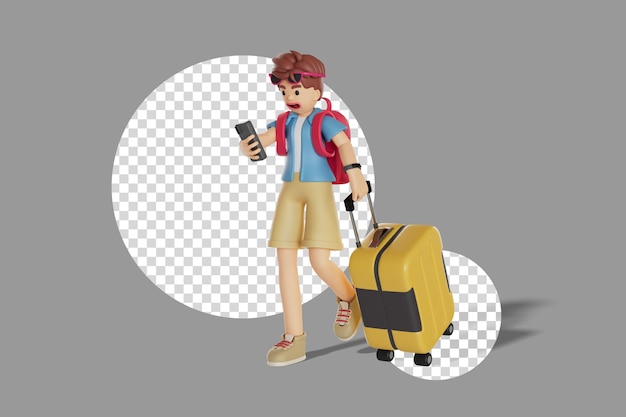 PSD mochileiro masculino olhando para o celular e arrastando a ilustração de renderização 3d da mala