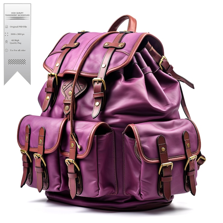 PSD mochilera de color plum con múltiples compartimentos y correas acolchadas sobre un fondo transparente