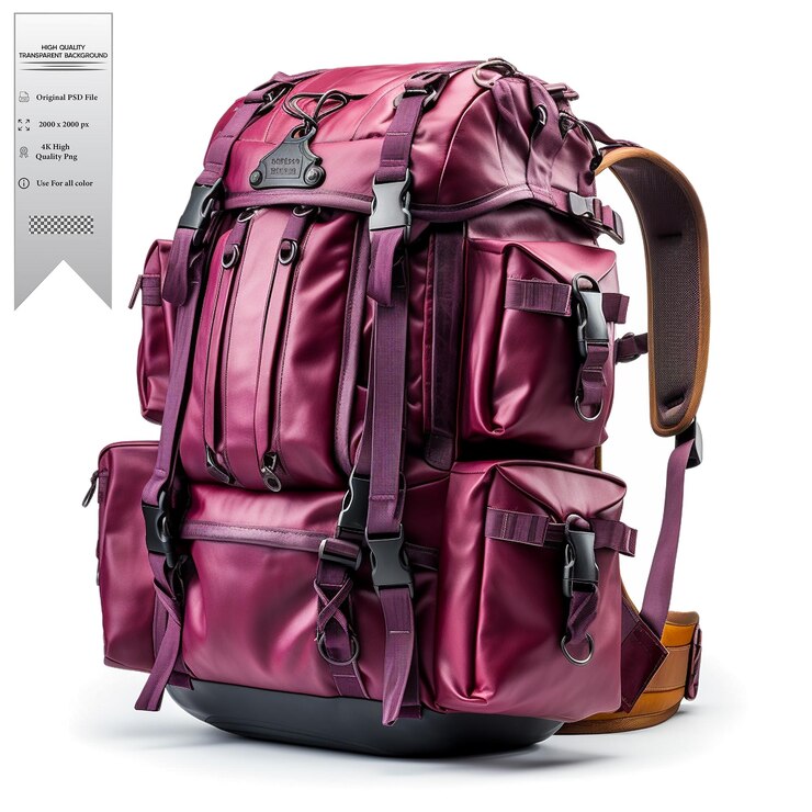 PSD mochilera de color plum con múltiples compartimentos y correas acolchadas sobre un fondo transparente