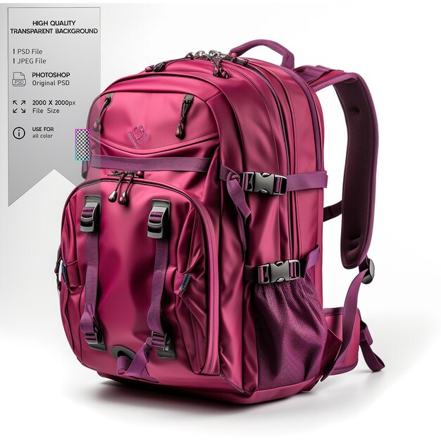 Mochilera de color plum con múltiples compartimentos y correas acolchadas sobre un fondo transparente