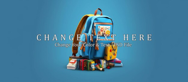 PSD mochilera escolar completa con libros aislados en fondo azul con espacio para copiar