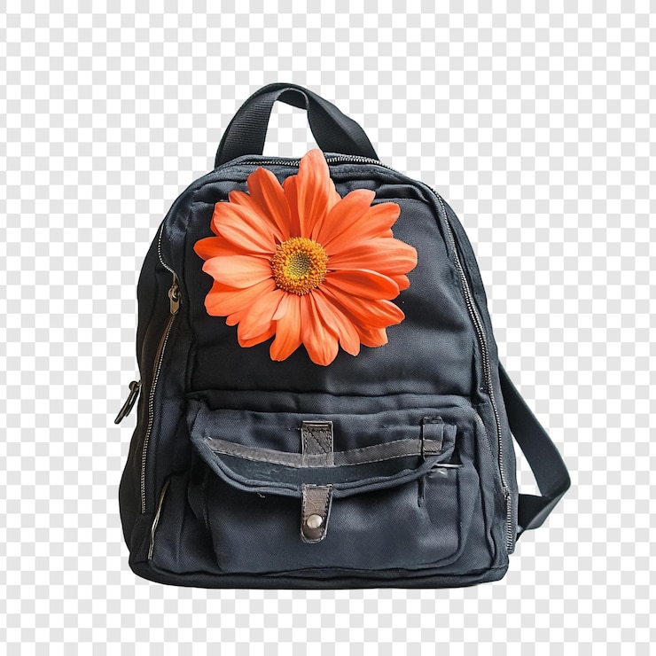 PSD mochilera negra con una flor de naranja