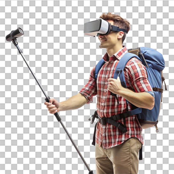 PSD mochilero con auriculares de realidad virtual con poste de senderismo aislado en un fondo transparente