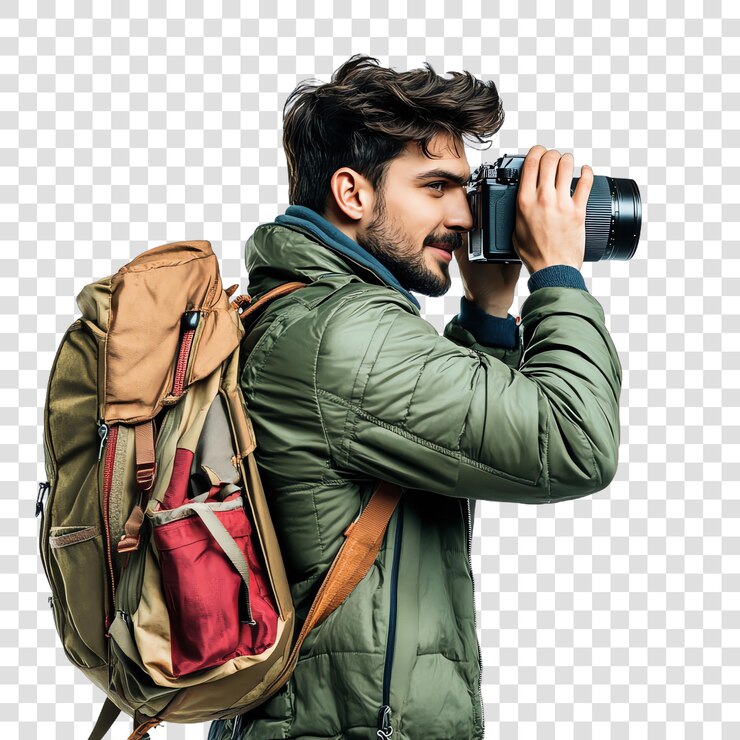 PSD mochilero con cámara para fotografiar