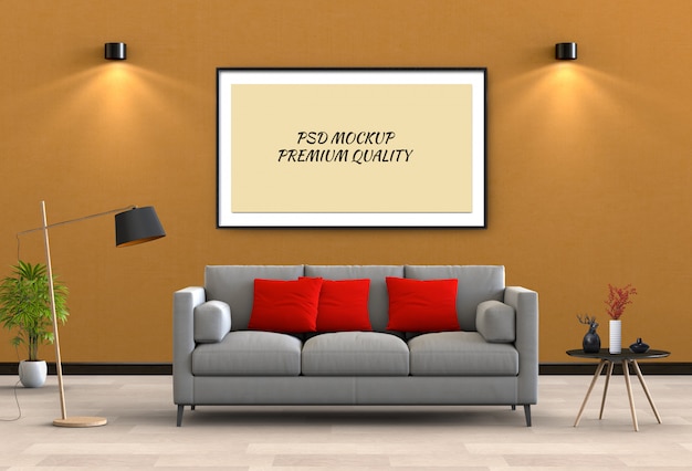 Mock-se moldura de cartaz na sala interior e sofá, render 3d