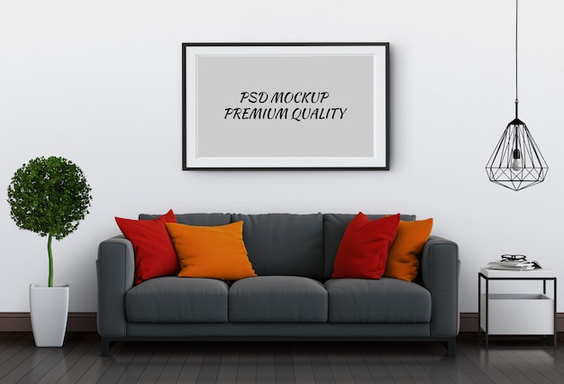 Mock-se quadro de cartaz na sala de estar interior e sofá, render 3d