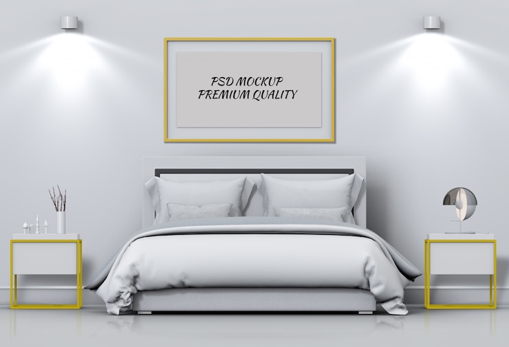 PSD mock-se sala de cama interior poster em branco. 3d render