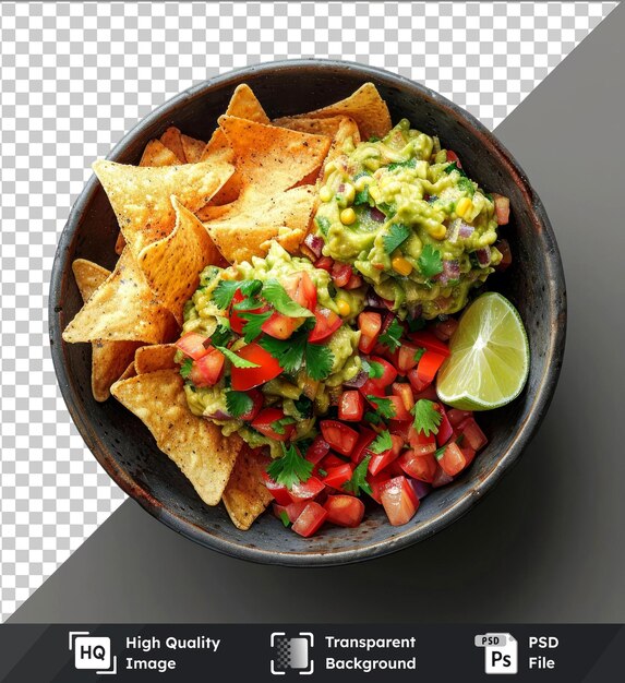 PSD mock-up d'un bol avec du guacamole et des nachos accompagnés de frites et d'un citron sur une table grise