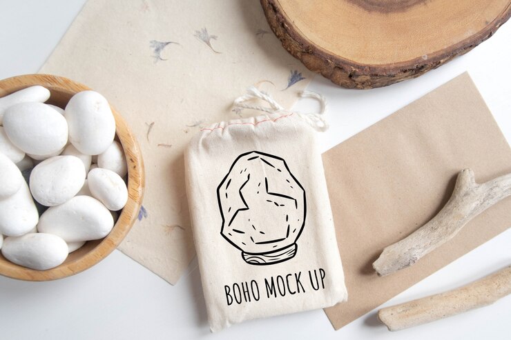 PSD mock up de bolsa de algodón o bolsa y bol con guijarros blancos y elementos boho en mesa blanca.