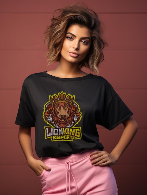 PSD mock up camiseta preta mulher fundo rosa 1