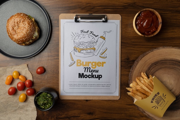 Mock-up del menu del ristorante hamburger con fast food