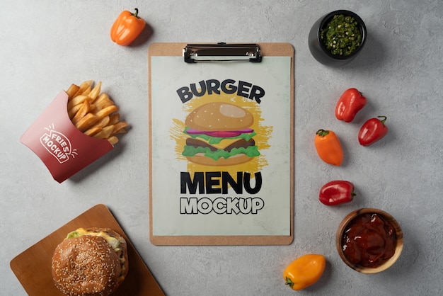 Mock-up del menu del ristorante hamburger con fast food