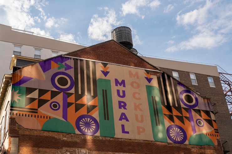 PSD mock-up design of mural on city building