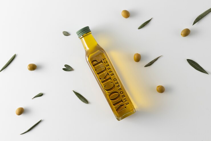 PSD mock-up di bottiglia di olio d'oliva in rilievo