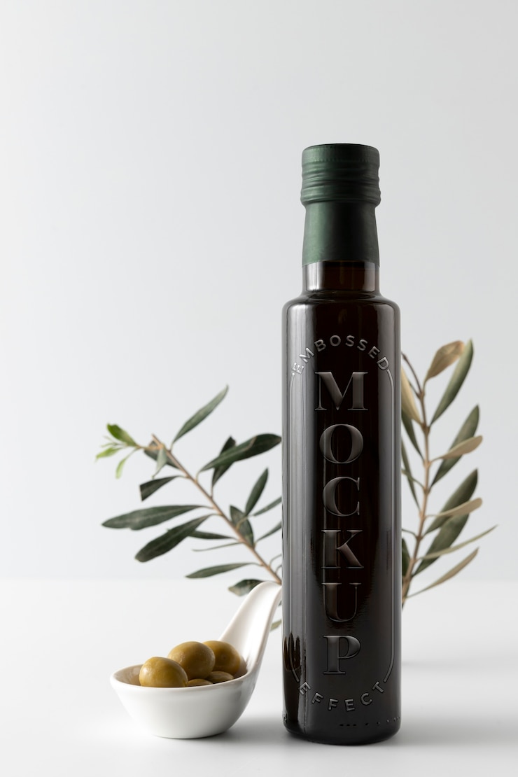 PSD mock-up di bottiglia di olio d'oliva in rilievo