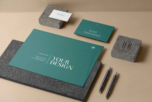 Mock-up di cancelleria in carta con materiale lapideo