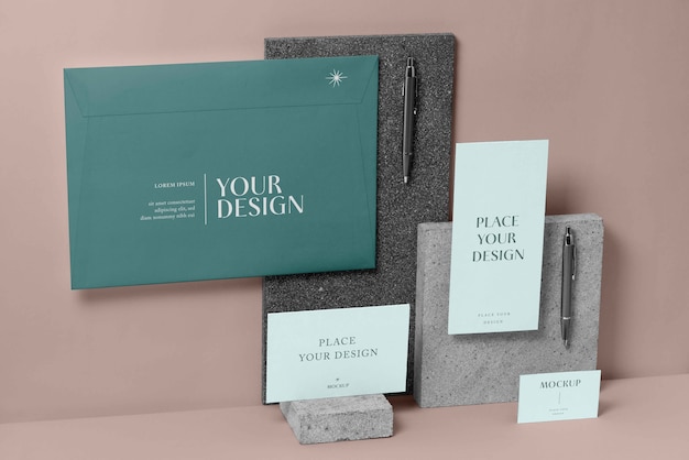 Mock-up di cancelleria in carta con materiale lapideo