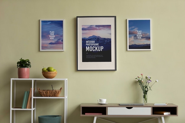 Mock-up di cornice per foto con decorazioni di interior design