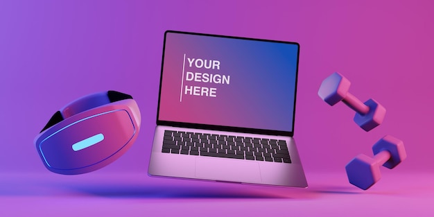 Mock up di elementi ginnici per laptop e un rendering 3d di occhiali virtuali