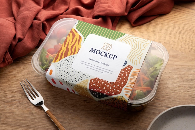 Mock-up di imballaggi in plastica per piatti pronti e cibo in movimento
