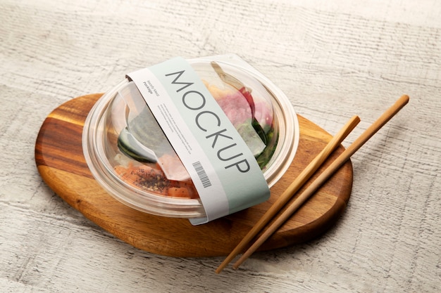 Mock-up di imballaggi in plastica per piatti pronti e cibo in movimento