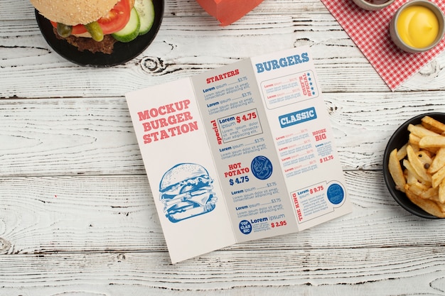 Mock-up di menu hamburger con cibo gustoso