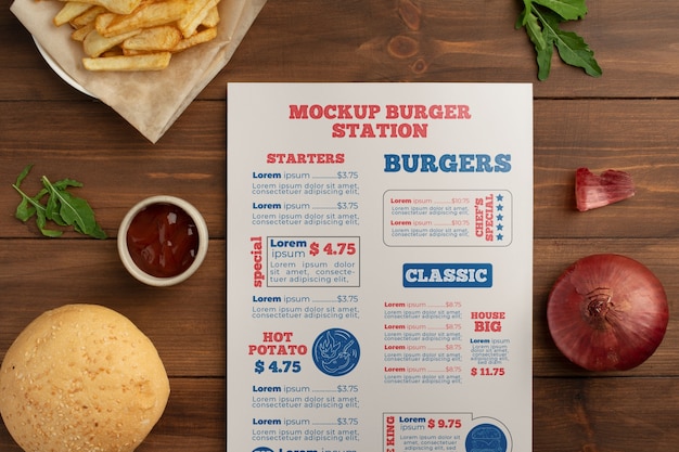 Mock-up di menu hamburger con cibo gustoso
