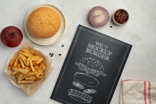 Mock-up di menu hamburger con cibo gustoso