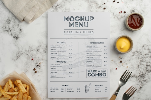 Mock-up di menu hamburger con cibo gustoso