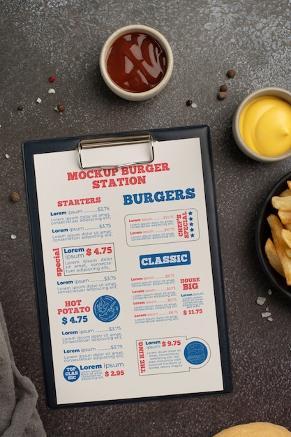 Mock-up di menu hamburger con cibo gustoso