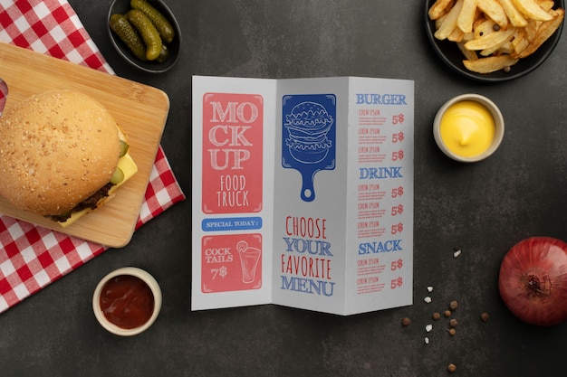 Mock-up di menu hamburger con cibo gustoso