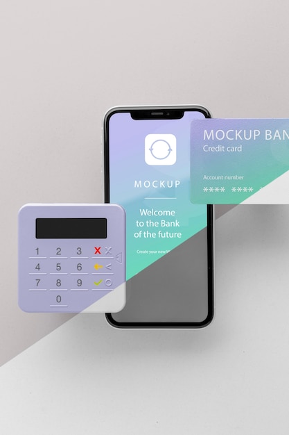 Mock-up di pagamento elettronico con smartphone e terminale di pagamento