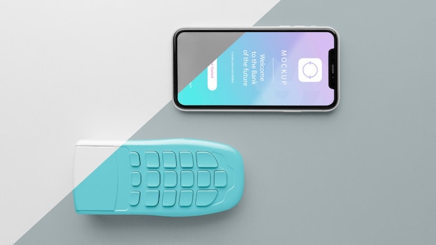 Mock-up di pagamento elettronico con smartphone e terminale di pagamento