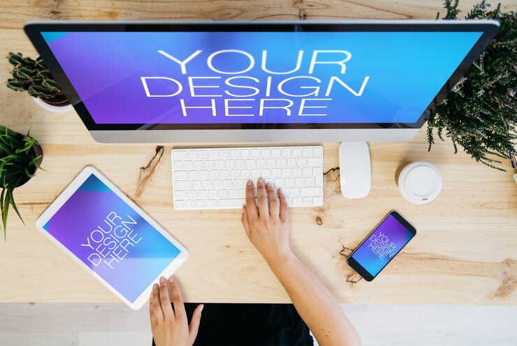 PSD mock up de dispositivos aéreos de escritorio
