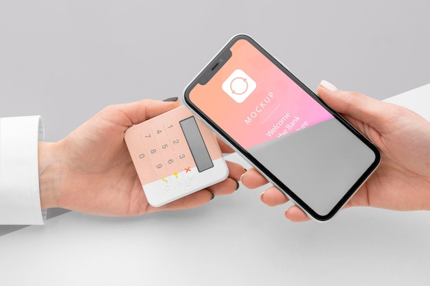 Mock-up e-payment mit smartphone und bezahlterminal