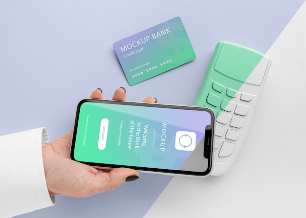 Mock-up e-payment mit smartphone und bezahlterminal