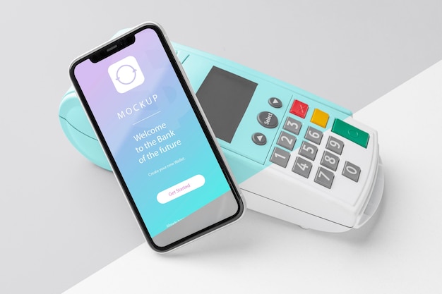 Mock-up e-payment mit smartphone und bezahlterminal