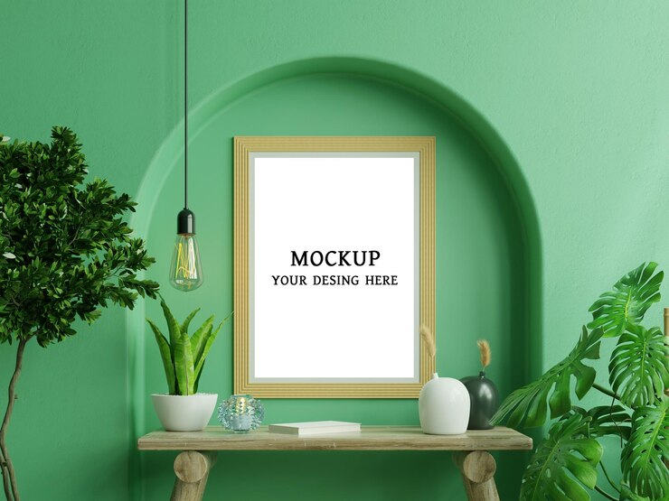 Mock up fotogramma parete verde montato sullo scaffale di legno con bellissime piante