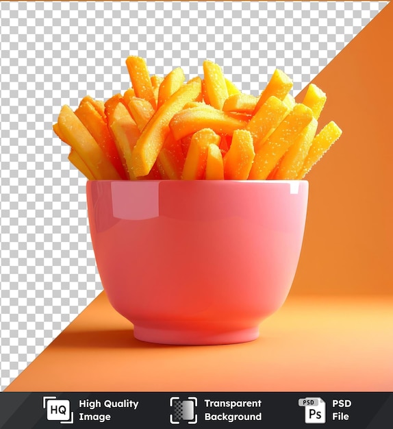 PSD mock-up de frites en bol sur fond orange à l'image psd transparente