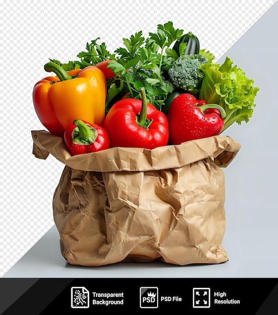 PSD mock-up de légumes frais dans un sac recyclable avec des poivrons rouges et jaunes, du brocoli et une ombre sombre